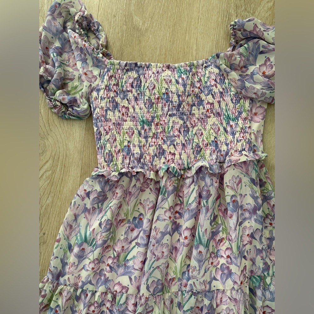 Astr Floral Puff-Sleeve Midi Dress in Pink and Lavender - Picture 5 of 5